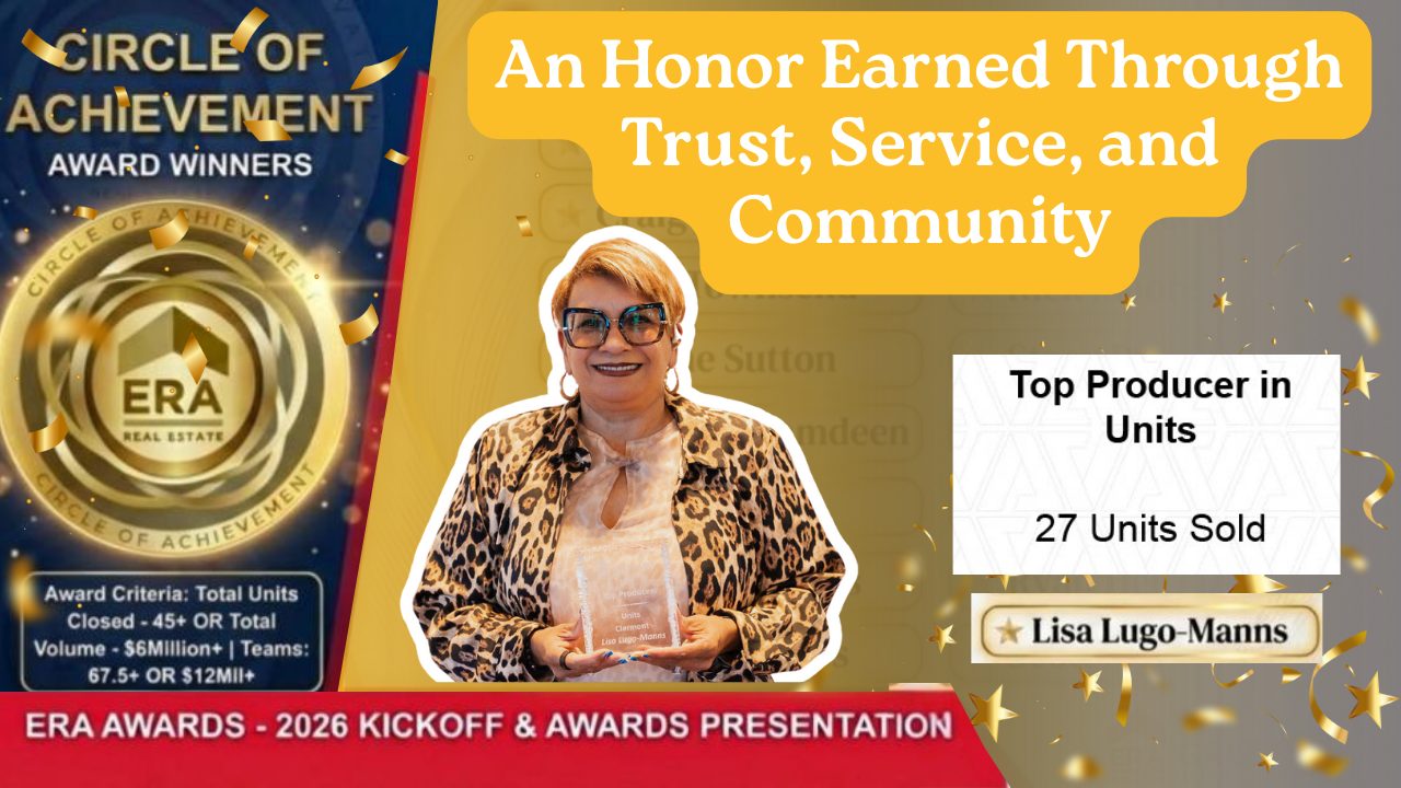 Graphic announcing Lisa Lugo-Manns receiving the Circle of Achievement Award and Clermont Top Producer in Units with 27 units sold at ERA Grizzard Real Estate.